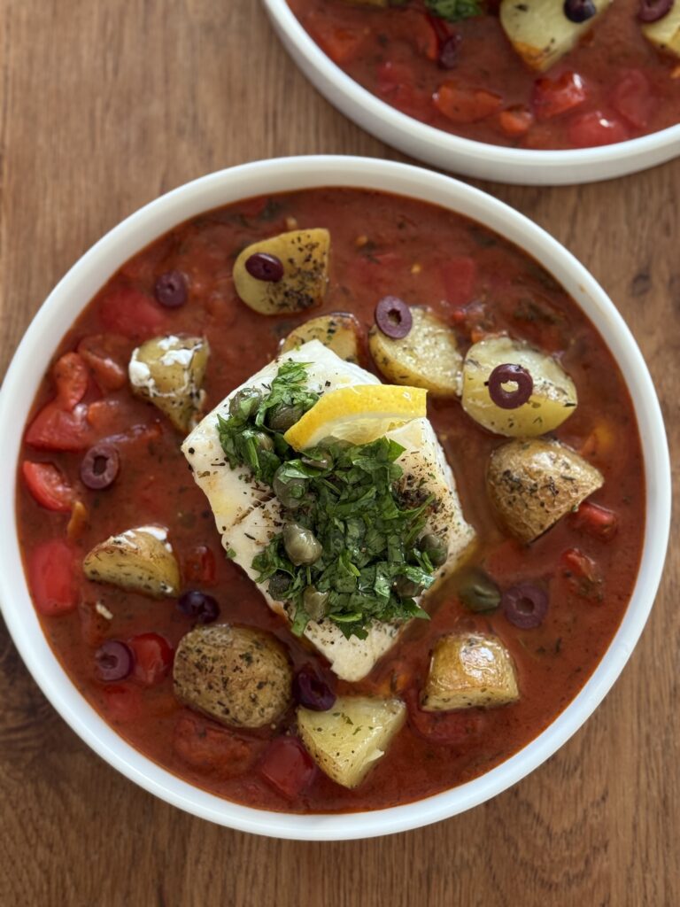 Easy Cod with Caper Dressing & Roasties