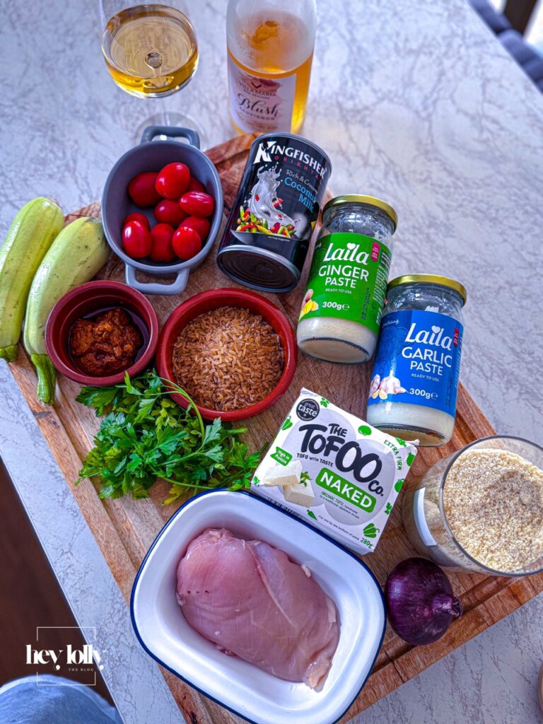Ingredients ofr creamy chicken and tofu tikka masala