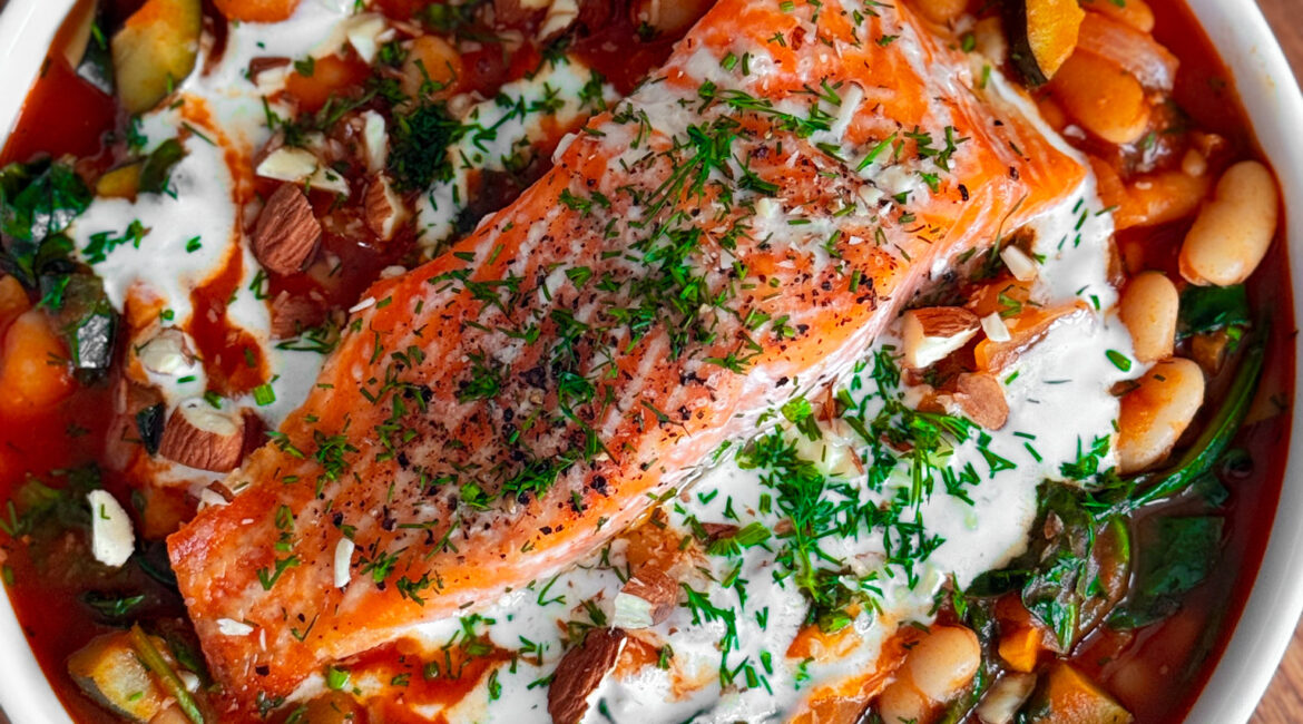 Golden Trout With a Summer Canellini Bean Stew.