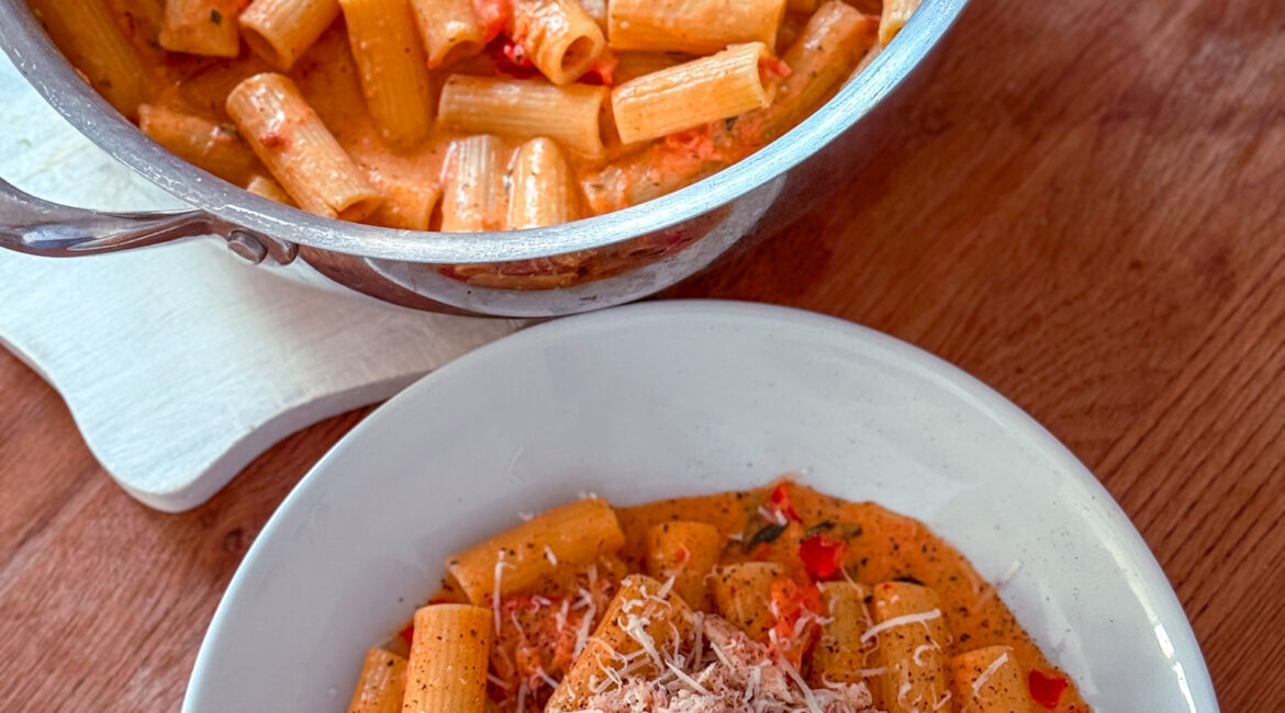 Overhead shot of quick crab and tomato pasta
