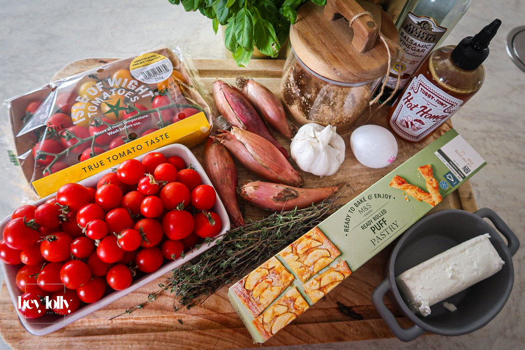 table of ingredients to make a roasted shallot and tomato tart