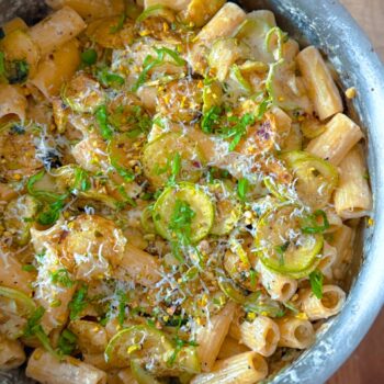overhead shot of courgette lemon ricotta rigatoni pasta
