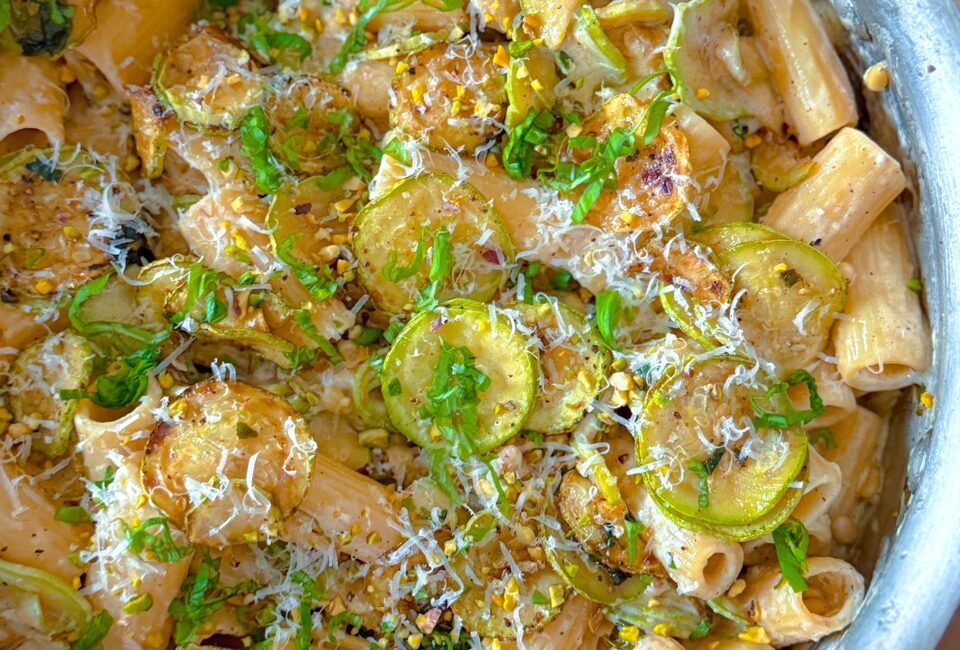 overhead shot of courgette lemon ricotta rigatoni pasta