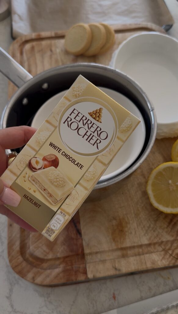 Overhead kitchen scene with ferrero rocher white chocolate for pistachio shortbread