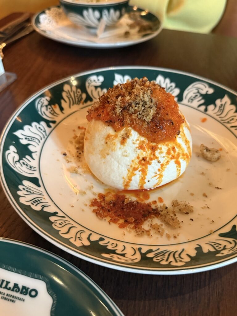 close up shot of the red pepper burrata at la bellezza restaurant birmingham