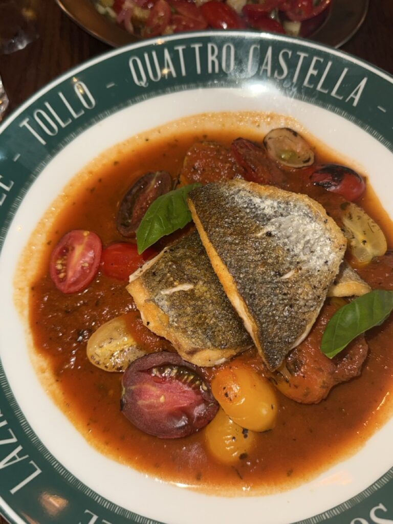 close up shot of Seabass Guazzetto at la bellezza restaurant birmingham