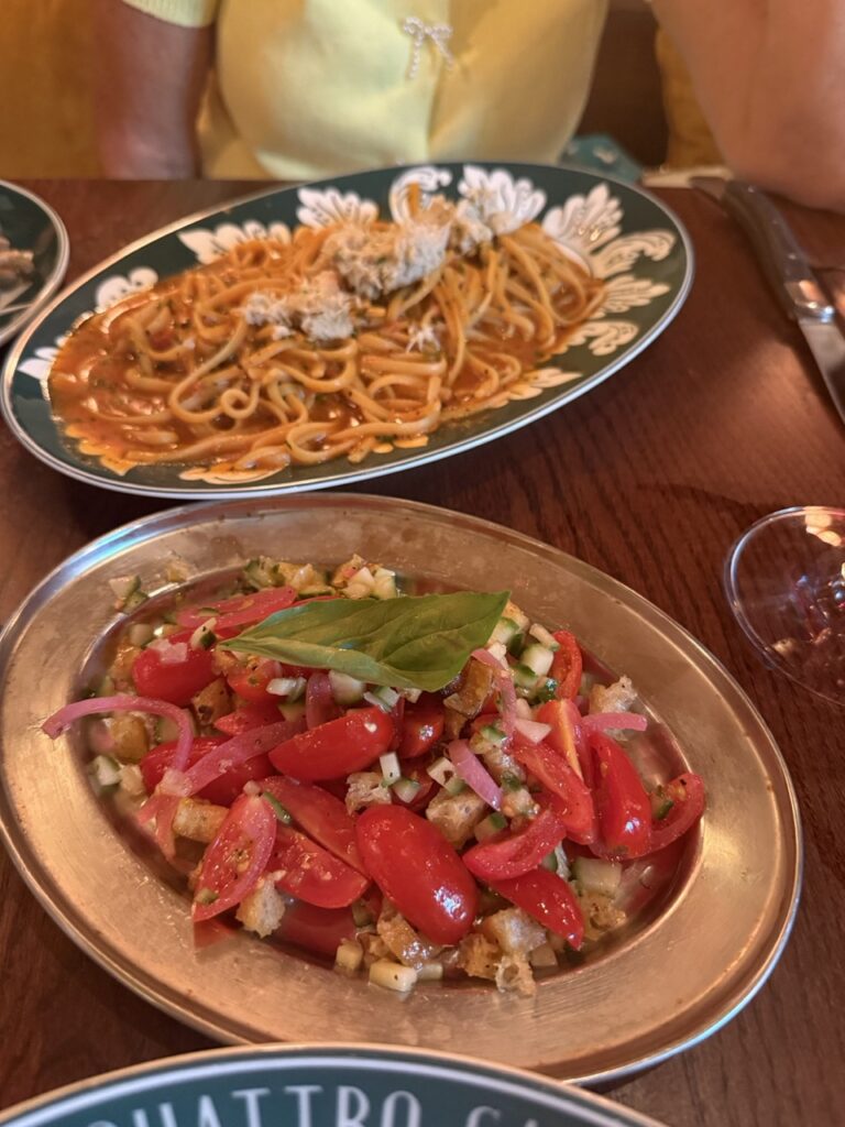 close up shot of the panzanella side salad at la bellezza restaurant