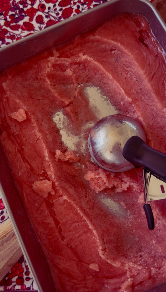 Close-up of no-churn nectarine and passion fruit sorbet