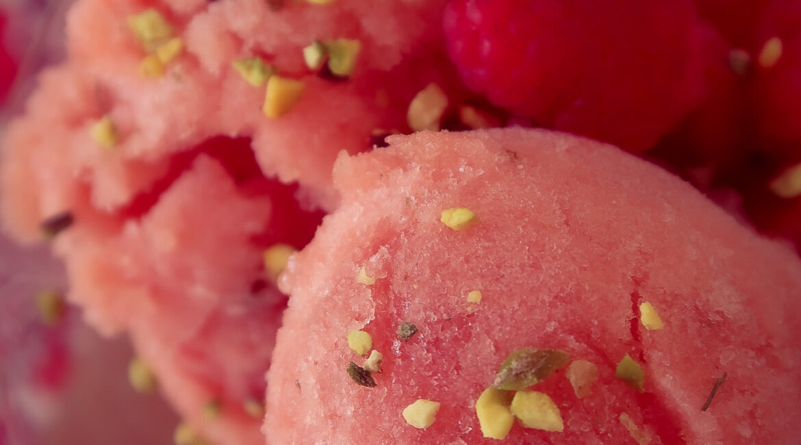 close up of nectarine and passion fruit sorbet