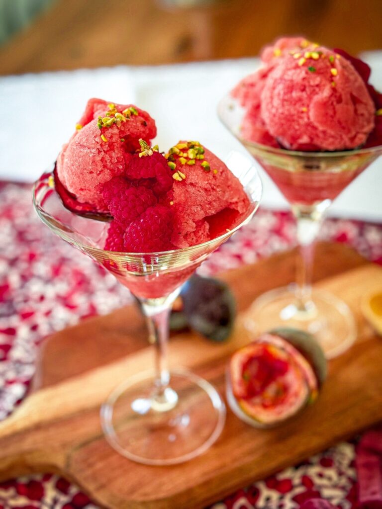 Close-up of no-churn nectarine and passion fruit sorbet