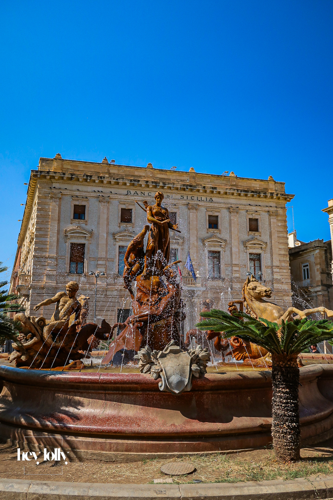 Archimedes fountain in Piazza Archimede, Ortigia Sicily 