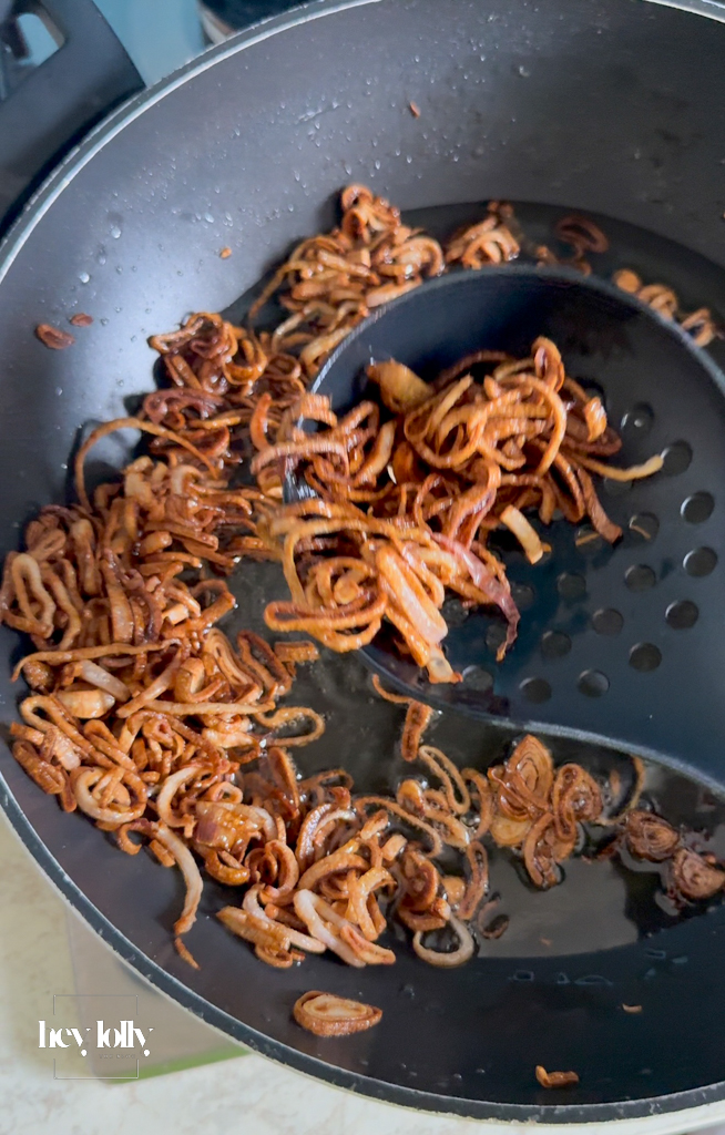 Crispy fried shallots used as a garnish for miso butter cod