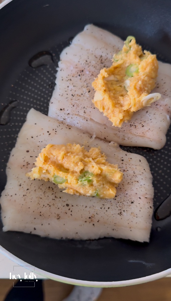 Cod fillets coated in miso butter, ready for the oven