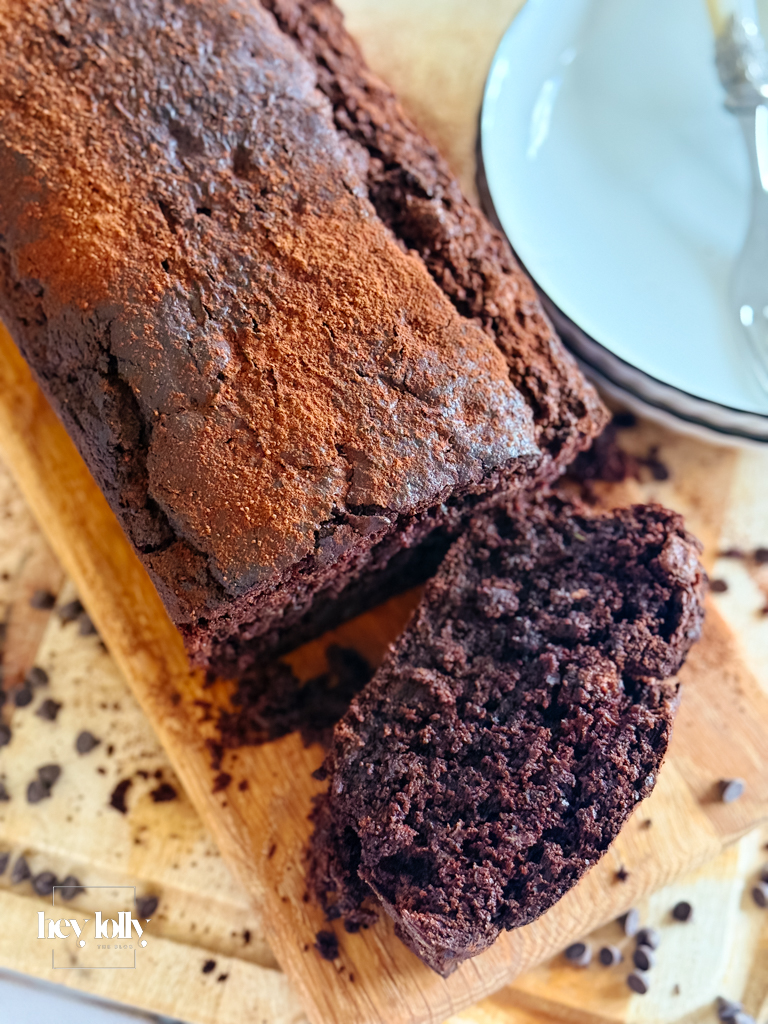 overhead shot of sliced chocolate courgette cake
