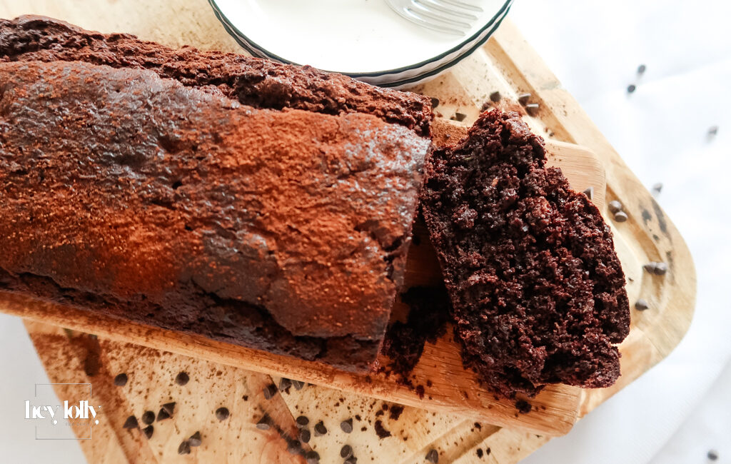 overhead shot of sliced chocolat courgette cake