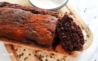 overhead shot of sliced chocolat courgette cake