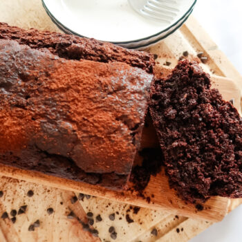 overhead shot of sliced chocolat courgette cake