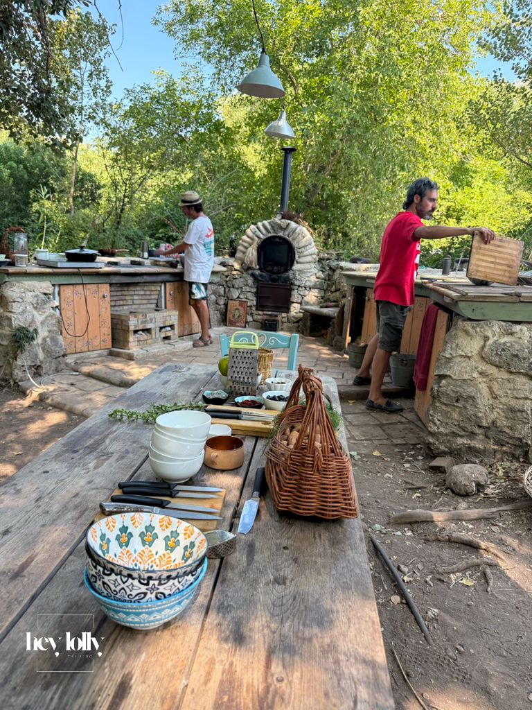 Outdoor kitchen set up for a cooking class in Syracuse Sicily at Slow Life Family Farm.