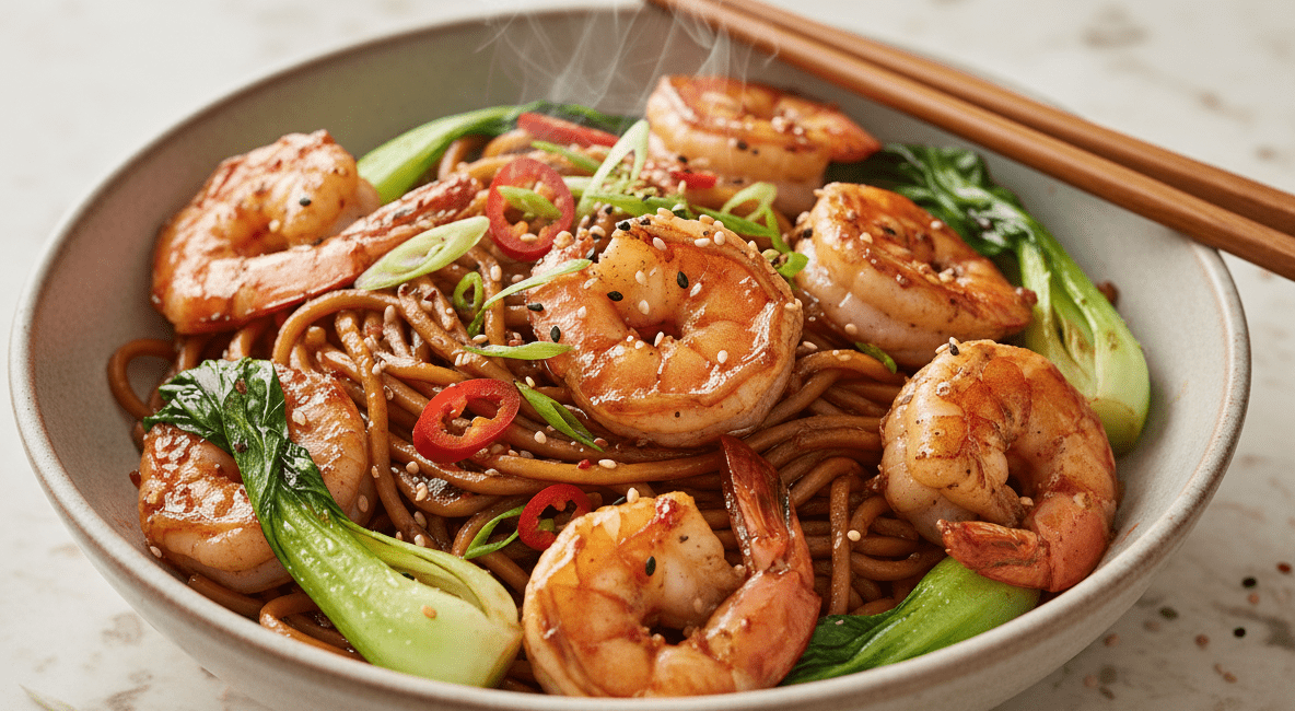 sticky sichuan chilli prawns