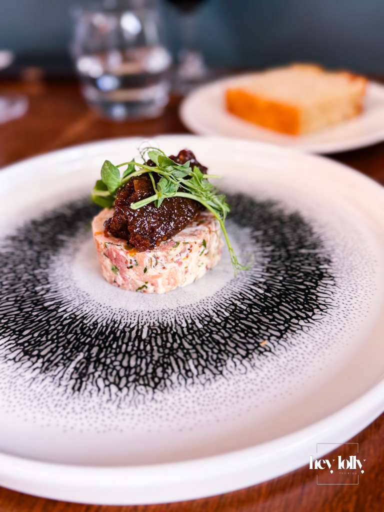 Chicken and smoked ham hock terrine with chutney — Sunday lunch Nottingham dish at The Griffin.