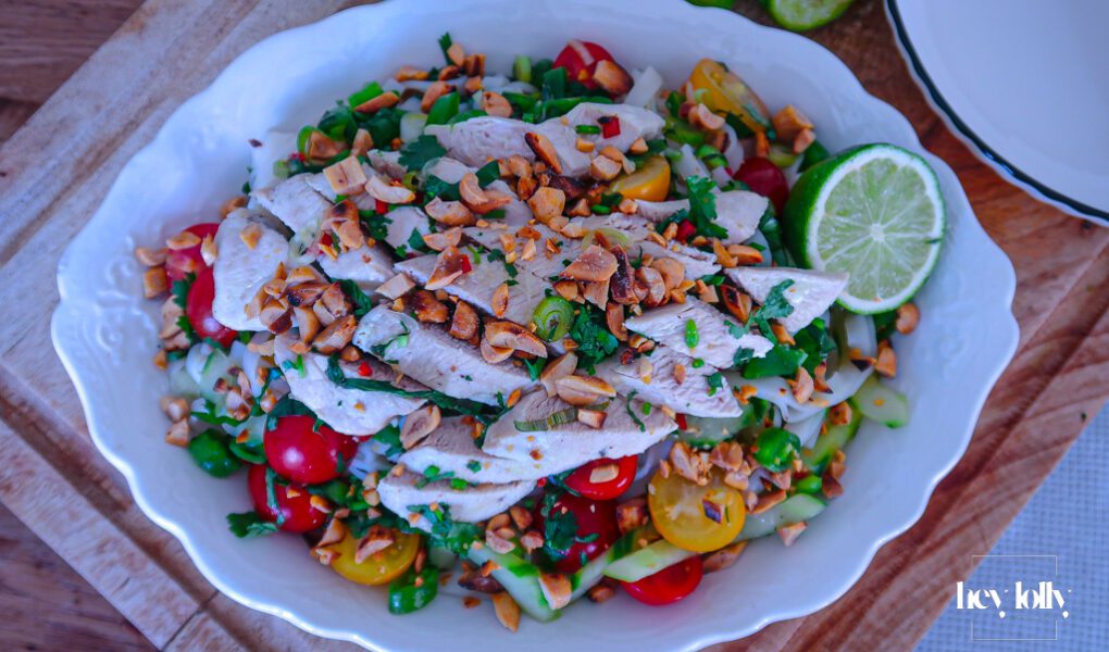 thai poached chicken with glass noodle salad
