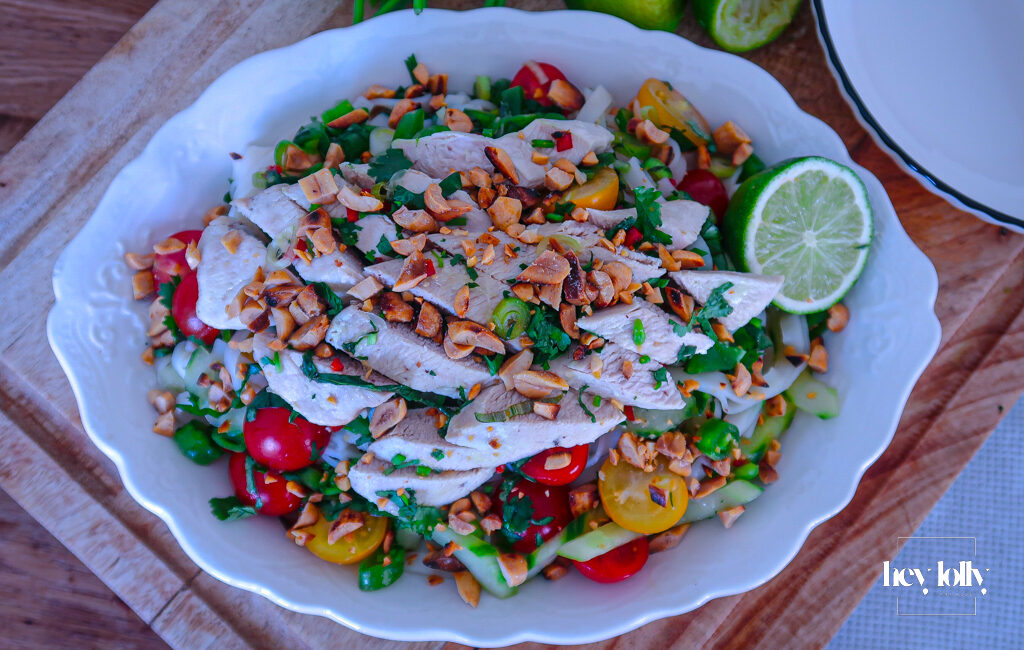 thai poached chicken with glass noodle salad