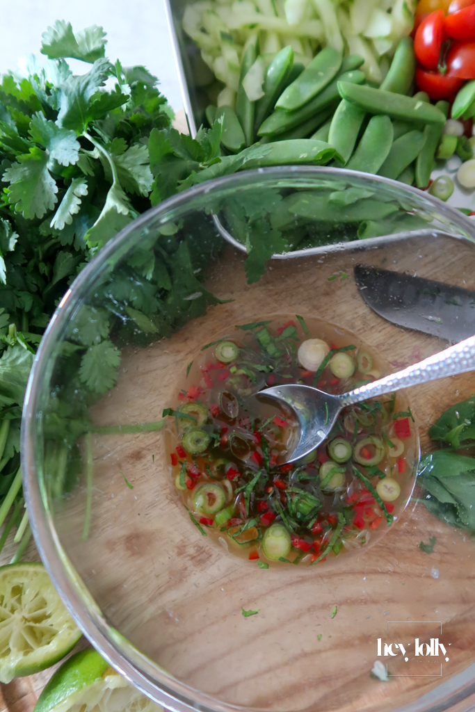 Zingy Thai dressing made with lime juice, fish sauce, palm sugar, garlic, and fresh chilli for glass noodle salad.