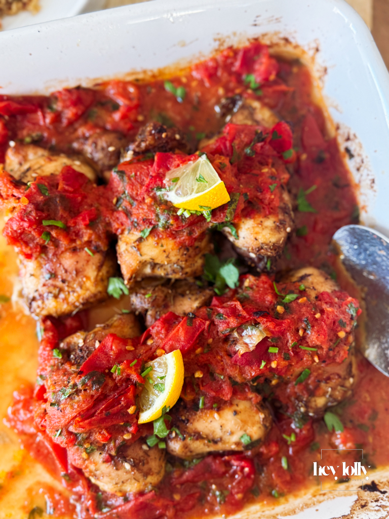 Crispy Za’atar Chicken Thighs topped with roasted tomato and anchovy salsa