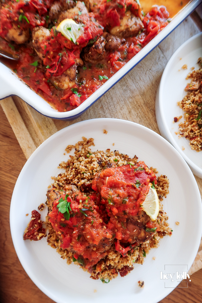 Plate of Za’atar Chicken Thighs with roasted tomato salsa