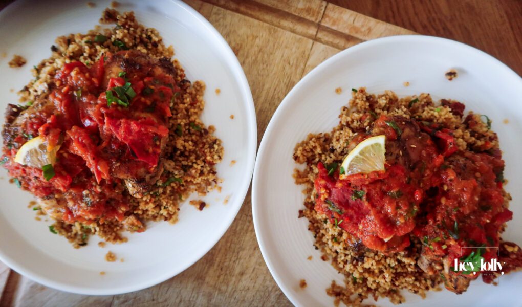 uicy Za’atar Chicken Thighs with golden skin and roasted tomato anchovy topping”