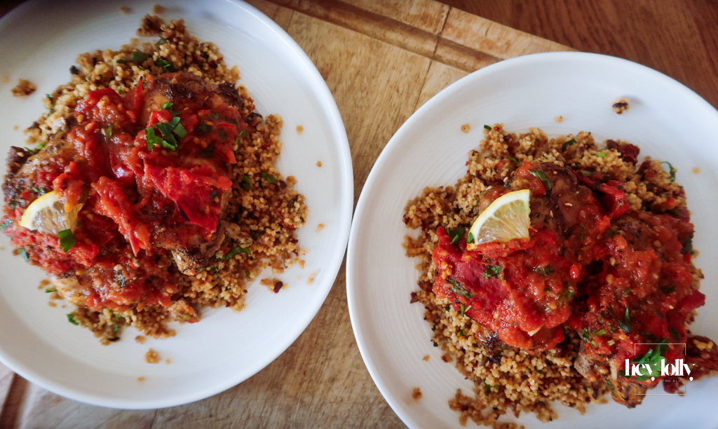 uicy Za’atar Chicken Thighs with golden skin and roasted tomato anchovy topping”