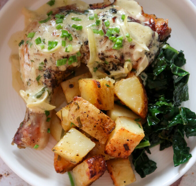 overhead shot Garlic-Butter-Roast-Chicken-with-Lemon-Cavolo-Nero