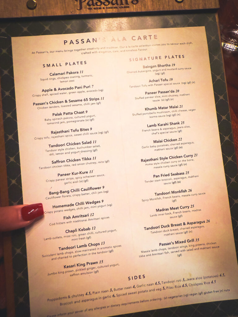 the menu at passans nottingham