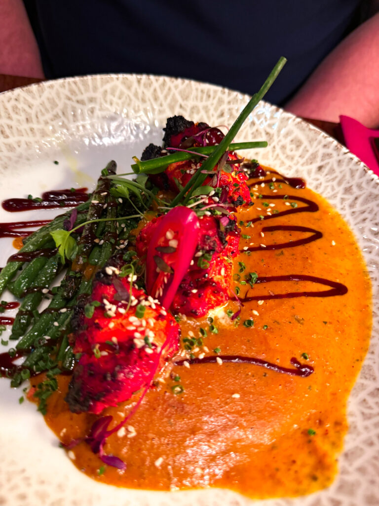 Tandoori Monkfish at Passan’s Nottingham — thick fillets with proper char, served with spiced sauce and fresh herbs.