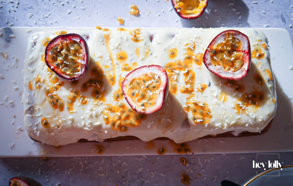 overhead shot of passion fruit yoghurt loaf