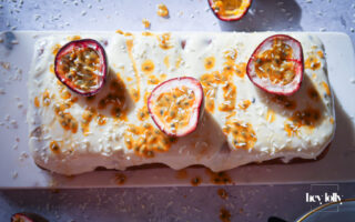 overhead shot of passion fruit yoghurt loaf