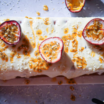 overhead shot of passion fruit yoghurt loaf