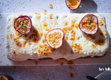 overhead shot of passion fruit yoghurt loaf