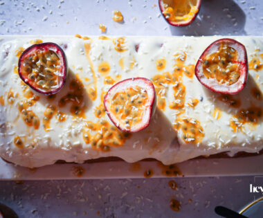 overhead shot of passion fruit yoghurt loaf