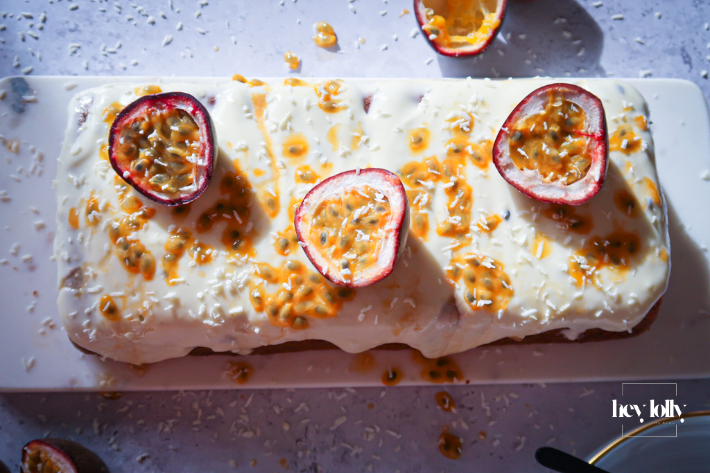 overhead shot of passion fruit yoghurt loaf