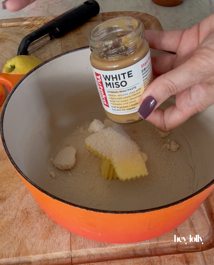 Melted butter and brown sugar bubbling like toffee, ready for miso.
