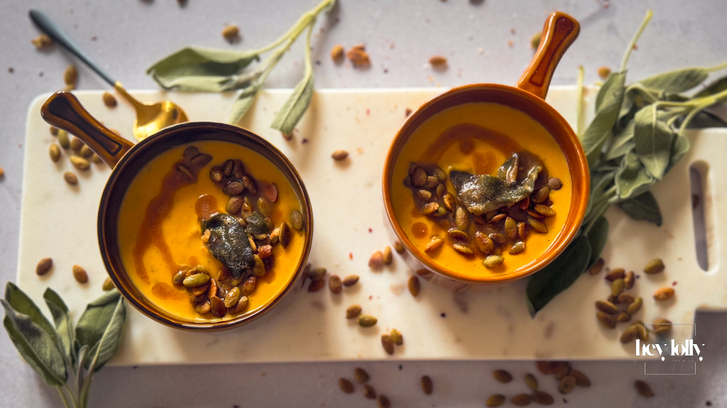Bowls of Butternut Squash Soup with Sage Brown Butter, crisp sage and toasted pumpkin seeds
