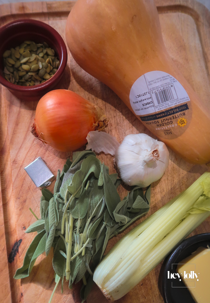 onion, sage, butternut squash, garlic pumpkin seeds ingredients for butternut squash soup