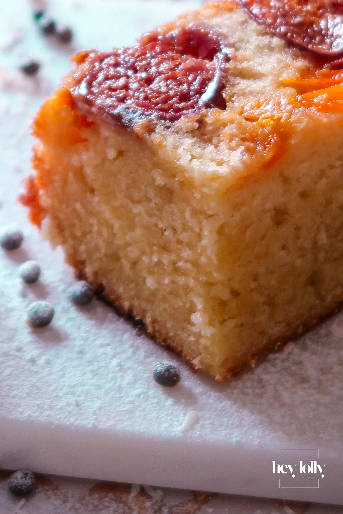 Olive-oil cake crumb, soft and tender, topped with jammy fig and papaya