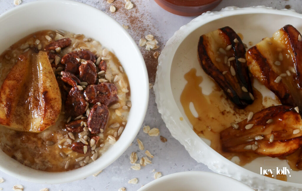 overhead shot of maple pecan porridge with miso swirl