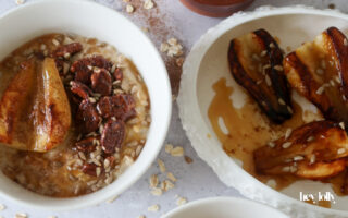 overhead shot of maple pecan porridge with miso swirl