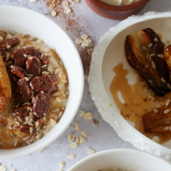 overhead shot of maple pecan porridge with miso swirl