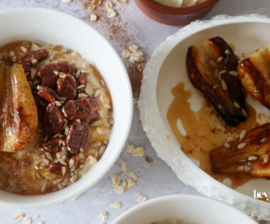 overhead shot of maple pecan porridge with miso swirl