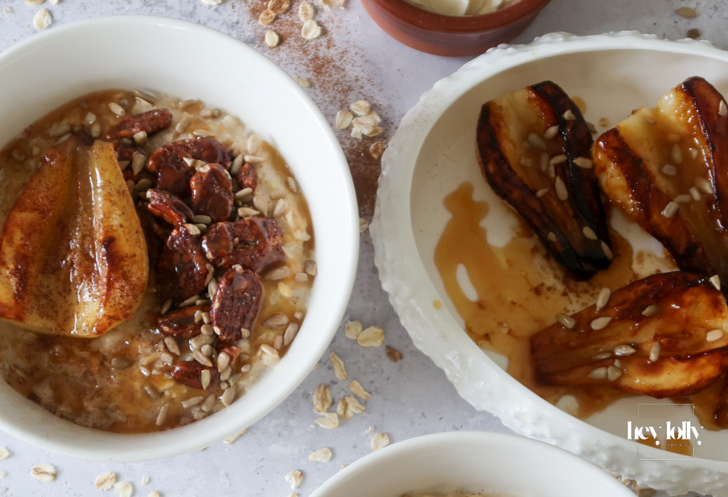 overhead shot of maple pecan porridge with miso swirl