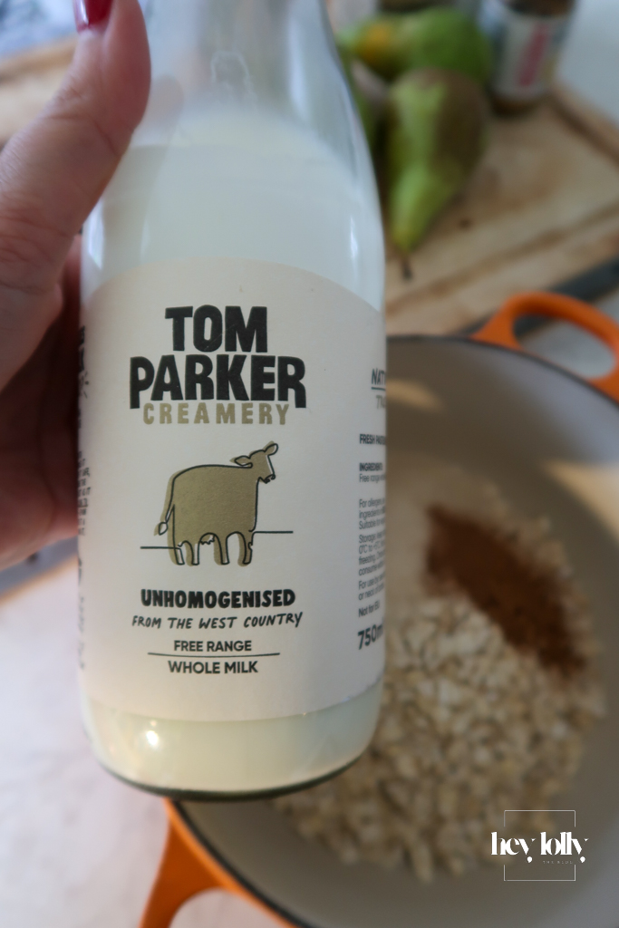Tom Parker unhomogenised milk bottle – Tom Parker’s unhomogenised milk used for creamy maple-pear & pecan porridge.